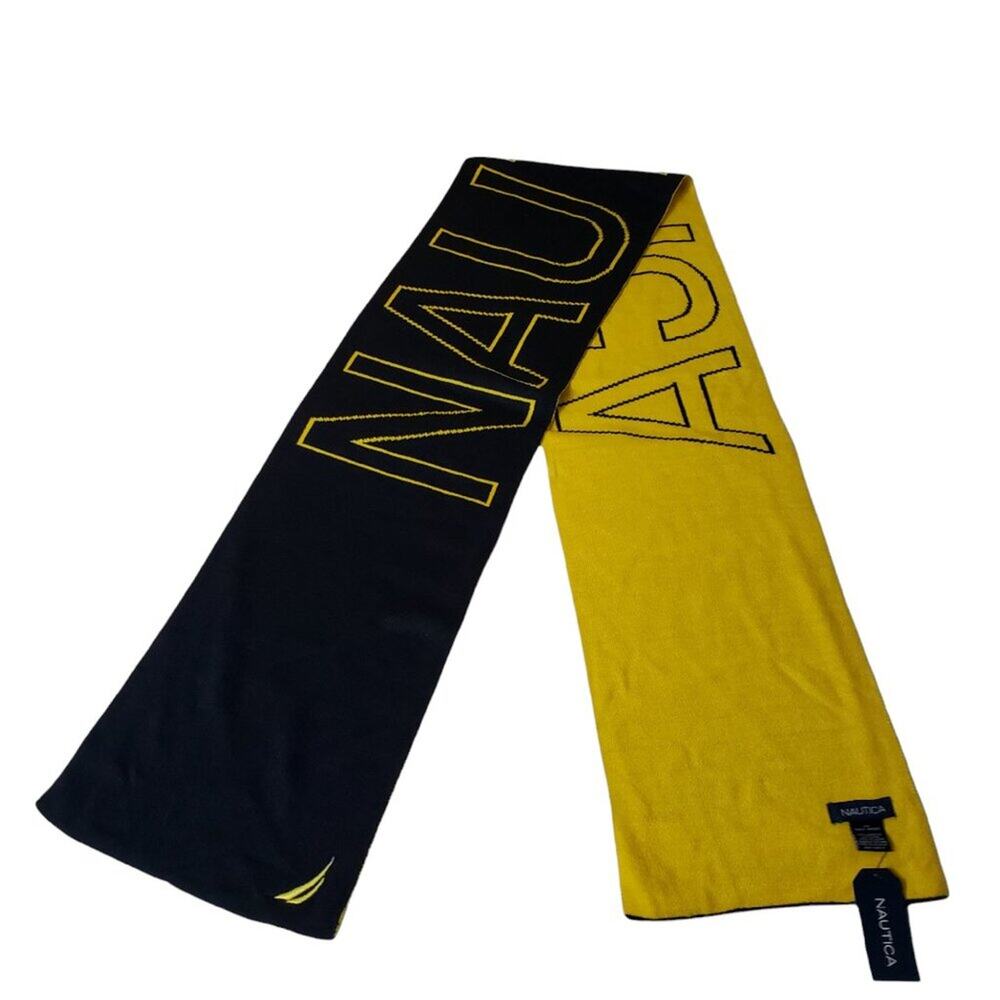 Nautica Mens Reversible Logo Knitted Scarf Navy Blue Yellow Colorblock NWT